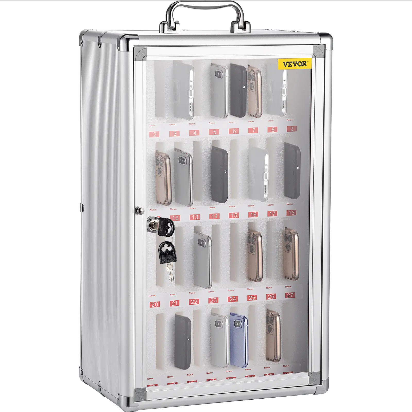 VEVOR 36-Slot Silver Aluminum Alloy Storage Box Cabinet, 12.6"x7.9"x20.1" (32x20x51cm) Wall-Mounted Organiser with Installation Kit, Portable Handle, Key Lock, Handwritten Tags, Acrylic Option, School Storage (Father's Day Gift)