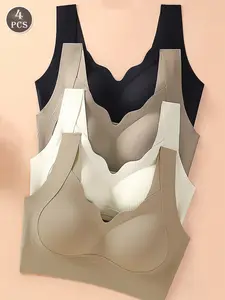 4pcs Women Seamless Wireless Bras, Comfortable Casual Camisole Bras, Nude Color Intimate Underwear, Basic Wireless Yoga Sports Bras With Ribbed Wavy Trim