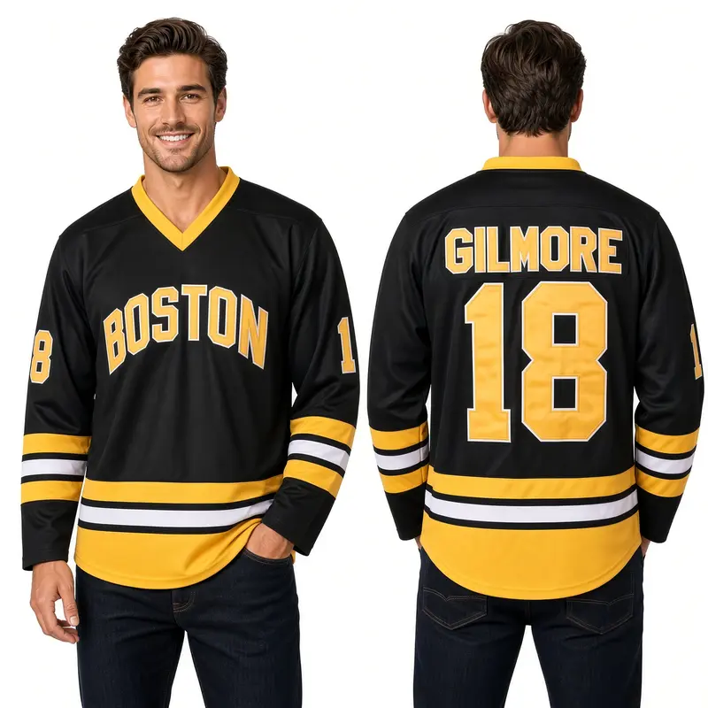 Boston Happy Gilmore #18 Adam Sandler 1996 Movie Stitched Letters Ice Hockey Jersey - Vintage V-Neck Polyester Mesh Athletic Shirt, Long Sleeve 90s Unisex Fitted Apparel, Quick-Dry Casual Sporty All Seasons Daily Wear Sportswear, US Sizes (See Size Chart)