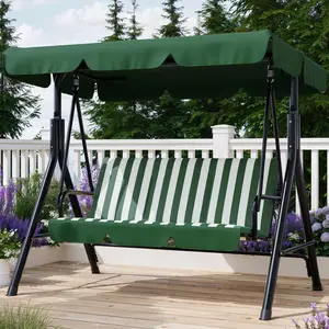 Outdoor Porch Swing with Adjustable Canopy, 3-Seat Patio Swing Chair with Stand, Heavy Duty Outdoor Swing for Adults, Metal Frame Patio Swing for Garden, Backyard & Poolside,Striped Green