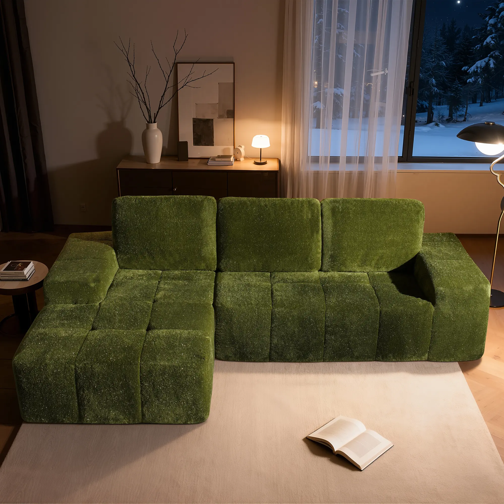 【2 Packages Shipping】XIZZI 114" L/U-Shape Modular Couch with Chaise, Starry Plush Corduroy Sofa for Modern Living Room Home Theater Furniture with Cushions Included - No Assembly Required, 3 Seater