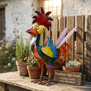 Colorful Hand Painted Metal Rooster Garden Statue Weatherproof Farmhouse Outdoor Decor for Patio Lawn Yard Garden Porch Rustic Spring Home Decoration Indoor