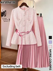 Women's Solid Color Blazer & A-line Skirt Two-piece Set, Elegant Fashion Casual Fabric Outfit for Daily Outdoor Wear, Women Clothing for Spring Fall