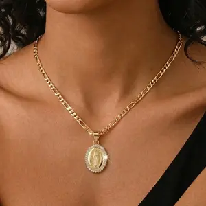 Catholic Virgin Mary Necklace for Women 14K Gold Plated Virgen de Guadalupe Necklace Mother Mary Cubic Zirconia Virgin Mary Pendant Catholic Jewelry for Women Charm Gifts