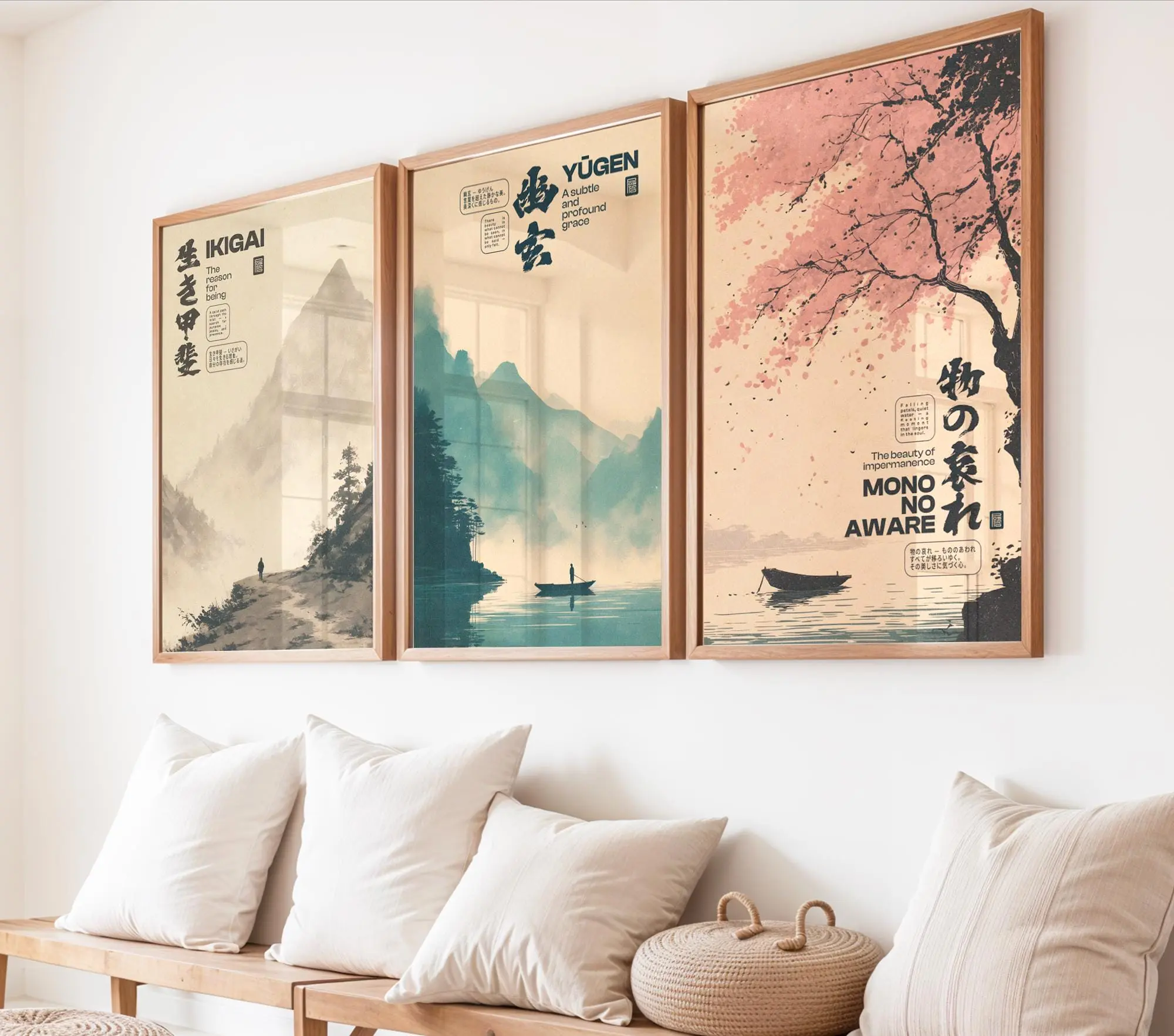 Japanese Philosophy Poster Set of 3: Ikigai, Yugen, Mono no Aware Printable Wall Art Bundle , No frame