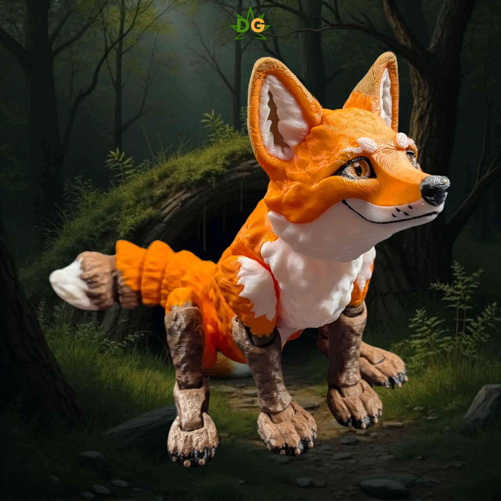 DG 3D Printed Flexi Fox Figurine - Posable Orange Fox with Articulated Tail, Decorative Home Decor Statue Ornament for Room Use