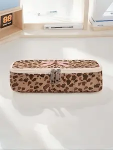 Leopard Print Bow Pattern Large Capacity Pencil Case, Durable Multi-Functional Storage Bag, Portable Zipper Organizer for School Office Supplies, Office Accessories