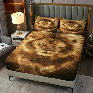 Flowing Gold Holy Lion Luxury King Fitted Sheet Set 3 Pcs (1 Fitted Sheet + 2 Pillowcases) Soft Non-Slip Wear-Resistant No Pilling Ideal for Luxury King Lovers Gift Recipients Fits Bedrooms High-End Spaces, Breathable Durable Sheets
