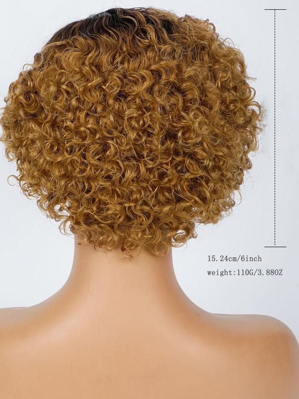 6inch T1B/30 Color Women's Short Curly Bob Wig with Bangs, 6 Inch Curly Hairpiece, Real Human Fiber, Full Machine Made, Perfect for Daily Wear, Natural Looking Wig
