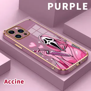 Electroplating Phone Case for iPhone 16 15 14 Pro Max 13 12 11 XR XS Plus Pink Horror Love Pattern Classic Square Design Non Slip TPU Soft Shell