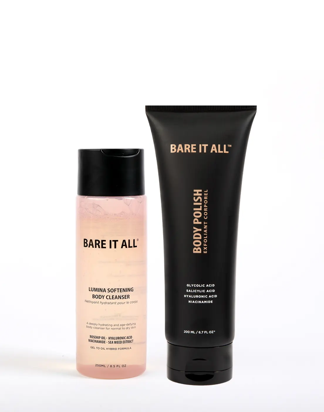 Bare It All Skin Shower Kit - 2-Step Cleanse & Exfoliate for Dry & Normal Skin - Lumina Gel-to-Oil Cleanser 250ml & Glycolic Acid Polish 200ml - Rosehip Oil, Niacinamide & Cica - Smooths KP & Ingrown Hairs - Vegan & Cruelty-Free - For Women
