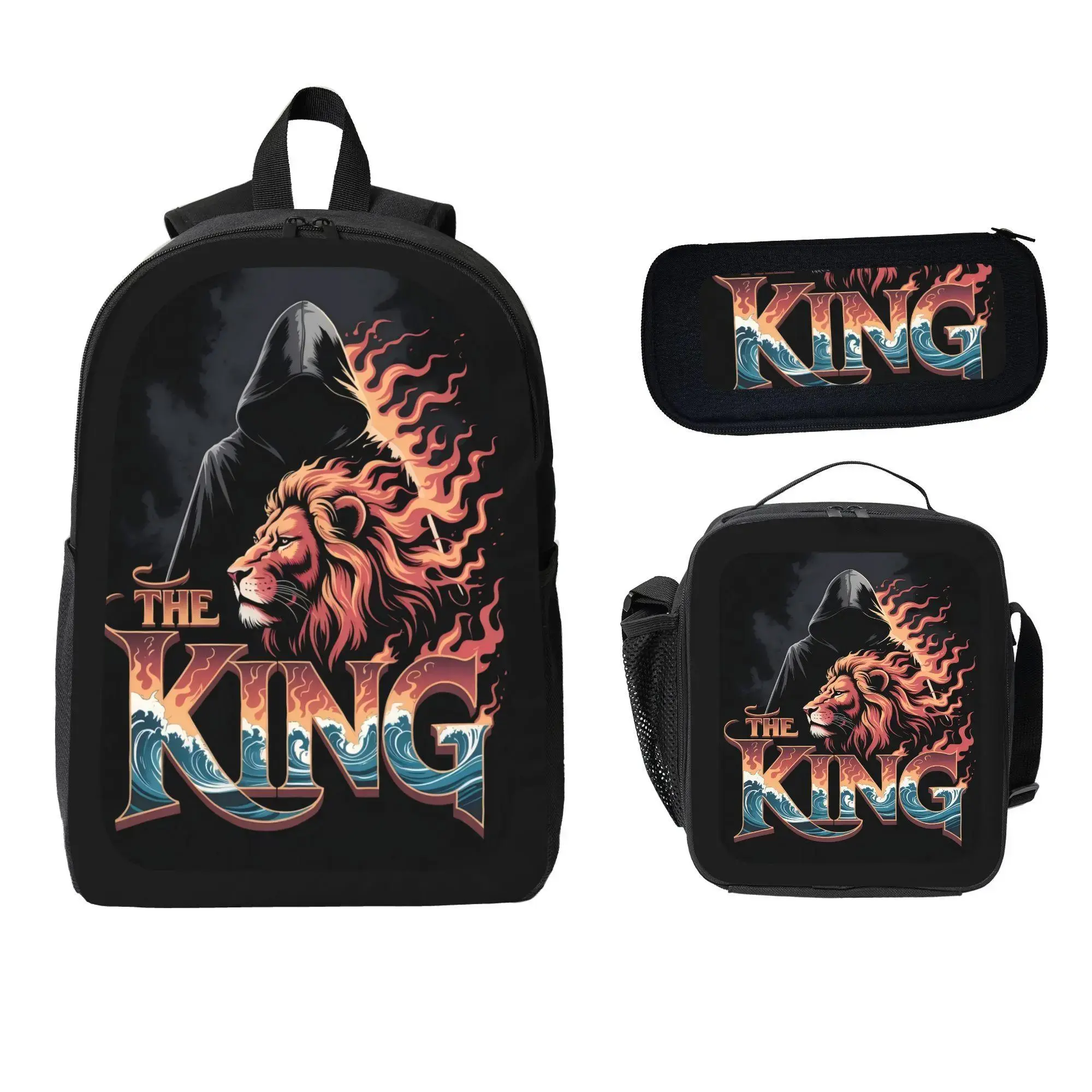 Student 3-Piece Vibrant Lion Pattern Backpack Set - Spacious School Bag, Lunch Box, Pencil Case, Great Gift for Back-to-School, Functional, Fun And Functional, Animals, Unisex, Backpacks For School, Organized