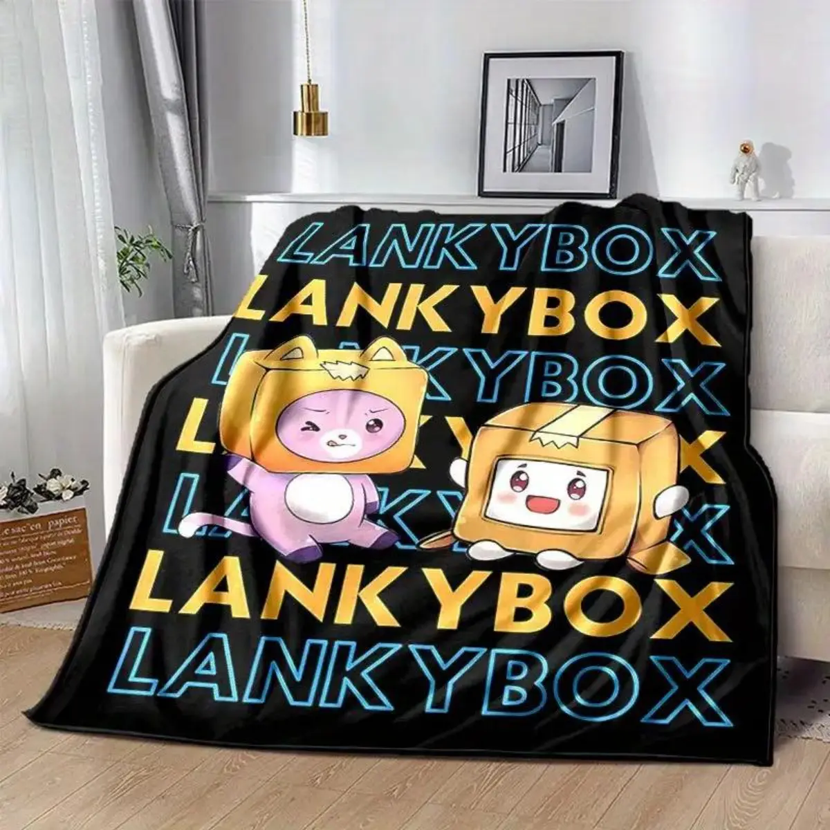 LankyBox Foxy & Boxy Cartoon Printed Blanket - Cozy Fuzzy Soft Wrinkle-Resistant Anti-Pilling Durable Fox-Themed Cozy Throw Blankets for Bed, Home & Travel, All-Season Christmas Gifts for Fans