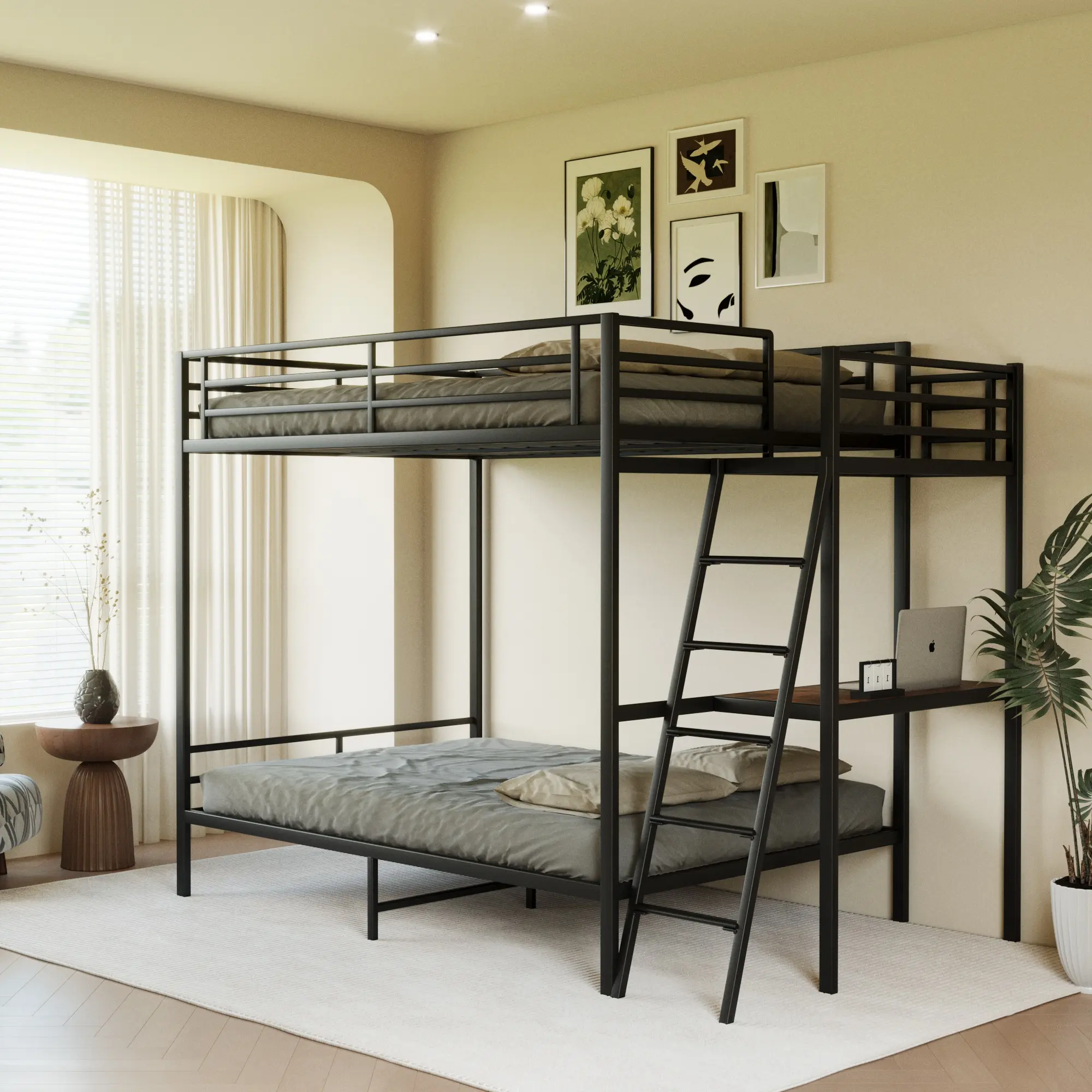 Black Full Size Bunk Bed for Kids Teens Adults, Heavy Duty Metal Frame with Ladder and Guardrails, Space-Saving Twin over Full Bedroom Furniture, No Box Spring Needed, Easy Assembly, Bedroom Furniture for Bedroom, Guest Room, Kids Room