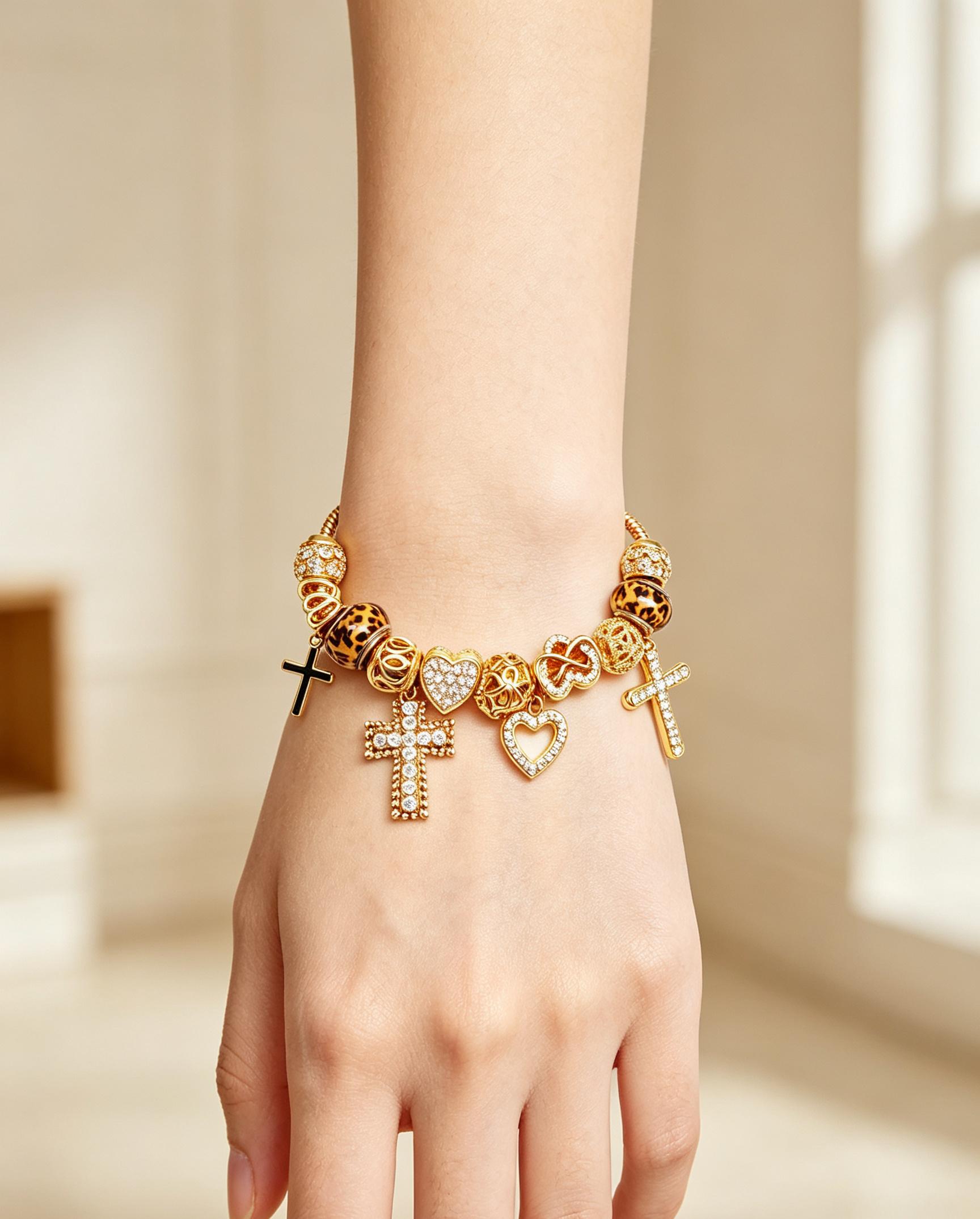 Gold Plated Leopard Print Bead Charm Bracelet, Cross & Heart Crystal Dangle Snake Chain Bracelet, Vintage Luxury Stackable Jewelry Gift for Women Gold Plated Leopard Print Bead Charm Bracelet, Cross & Heart Crystal Dangle Snake Chain Bracelet, Vintage Luxury Stackable Jewelry Gift for Women