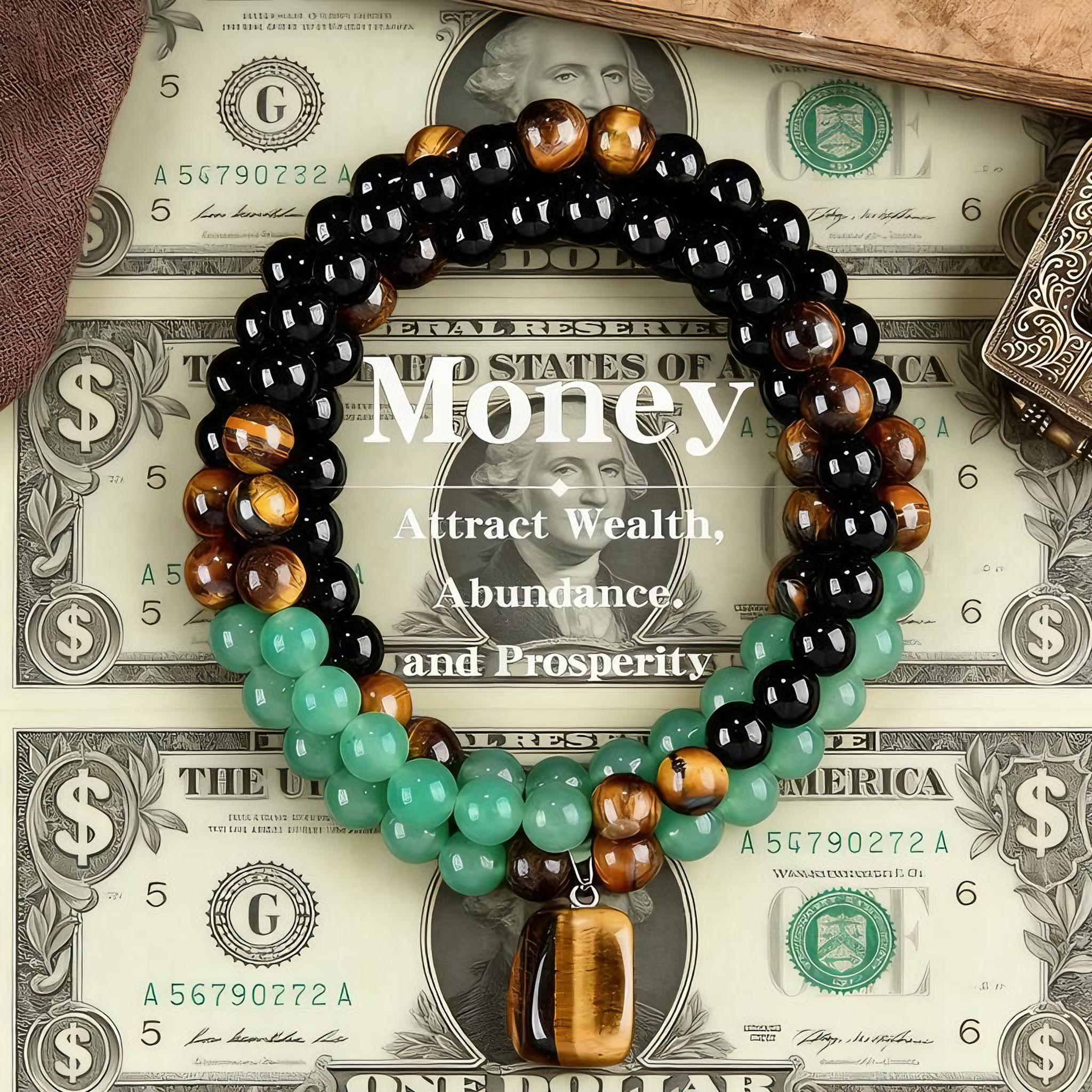 GEMRICH wealth necklace featuring a pendant set with green Dongling jade and tiger’s eye stone, infused with healing crystals; suitable for anniversary celebrations, vacations, and themed parties, and a gift that appeals to both men and women.