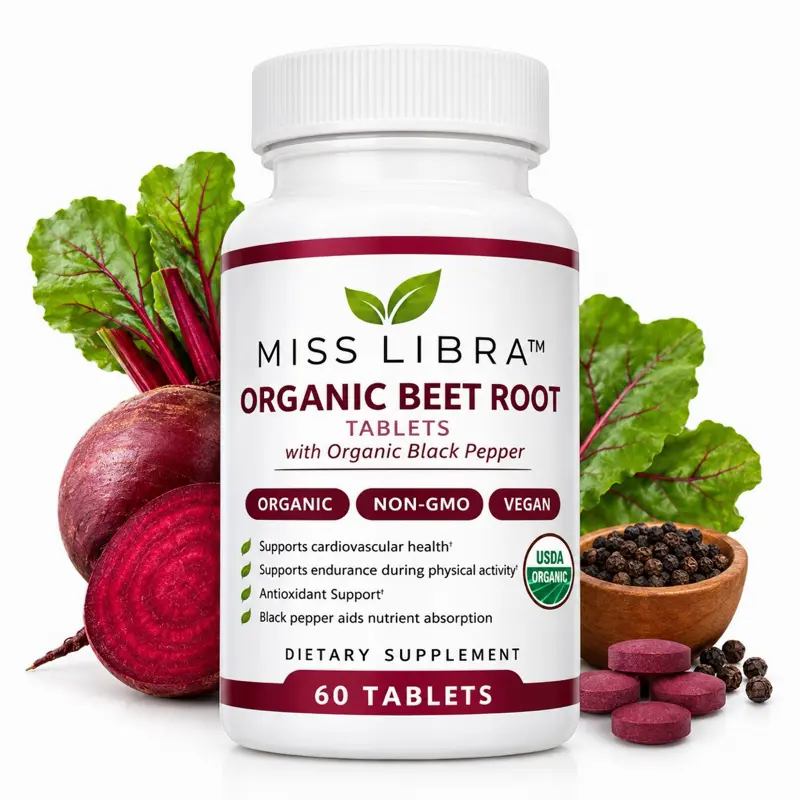 Miss Libra Certified Organic Beetroot Tablets - Vegan Dietary Supplements for Antioxidant Support, Cardiovascular Health, Heart Health Support