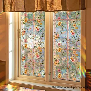 Window Film Floral Printed Stained Glass Window Privacy Film DIY Colorful Glass Door Windows Static Cling Home Decor Girls Room Decorative Sticker Decoration Items Ornaments Flower