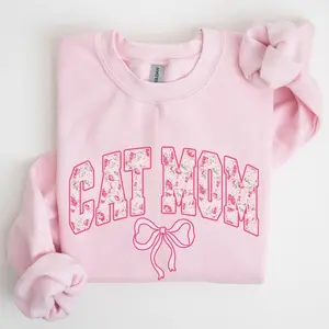 Cat Mom Coquette Sweatshirt, Pink Bow Cat Mom Shirt, Soft Girl Era Crewneck for Women, Girly Aesthetic Cat Lover Sweater - HARSIN