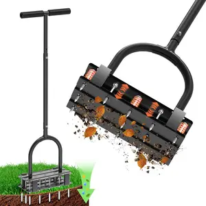 Lawn Aerator Tool - Manual Grass Aerator with 15 Steel Spikes, Adjustable Height Handle, Soil Compaction Relief for Yard Garden, Heavy Duty Foot Plate Design, Rust-Resistant Core Aeration Equipment (Black)