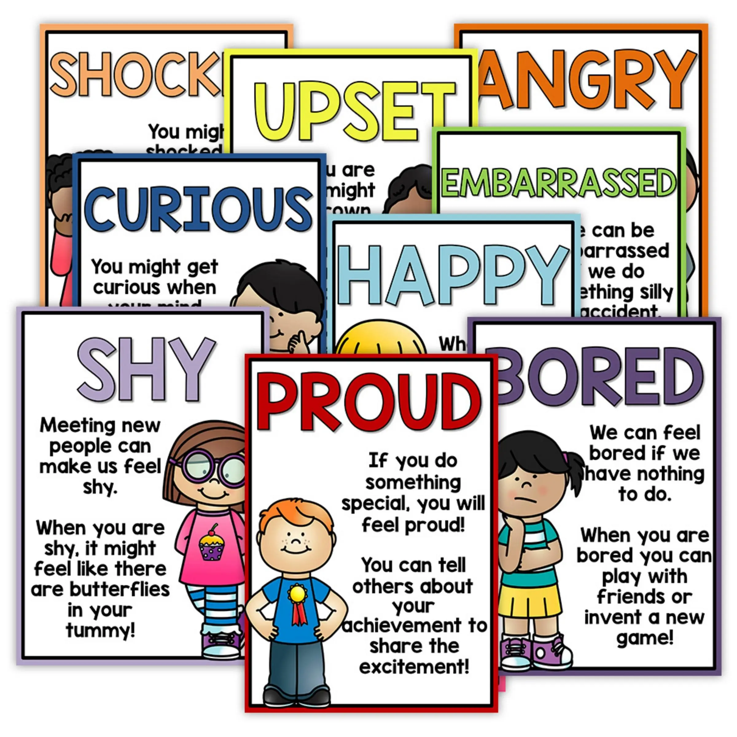 Emotions Poster Set, 10 Sheets Emotions Recognition Chart, Social-Emotional Learning (SEL) Tools for Preschool & Elementary Kids, Classroom Supplies Charts, Preschool Learning Materials