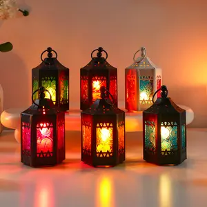 Elegant European Vintage Iron Art Candle Holder, Colorful Glass Hexagon Design, Windproof Hanging Decor for Home Bar Restaurant Gift, Lantern Candle Holder