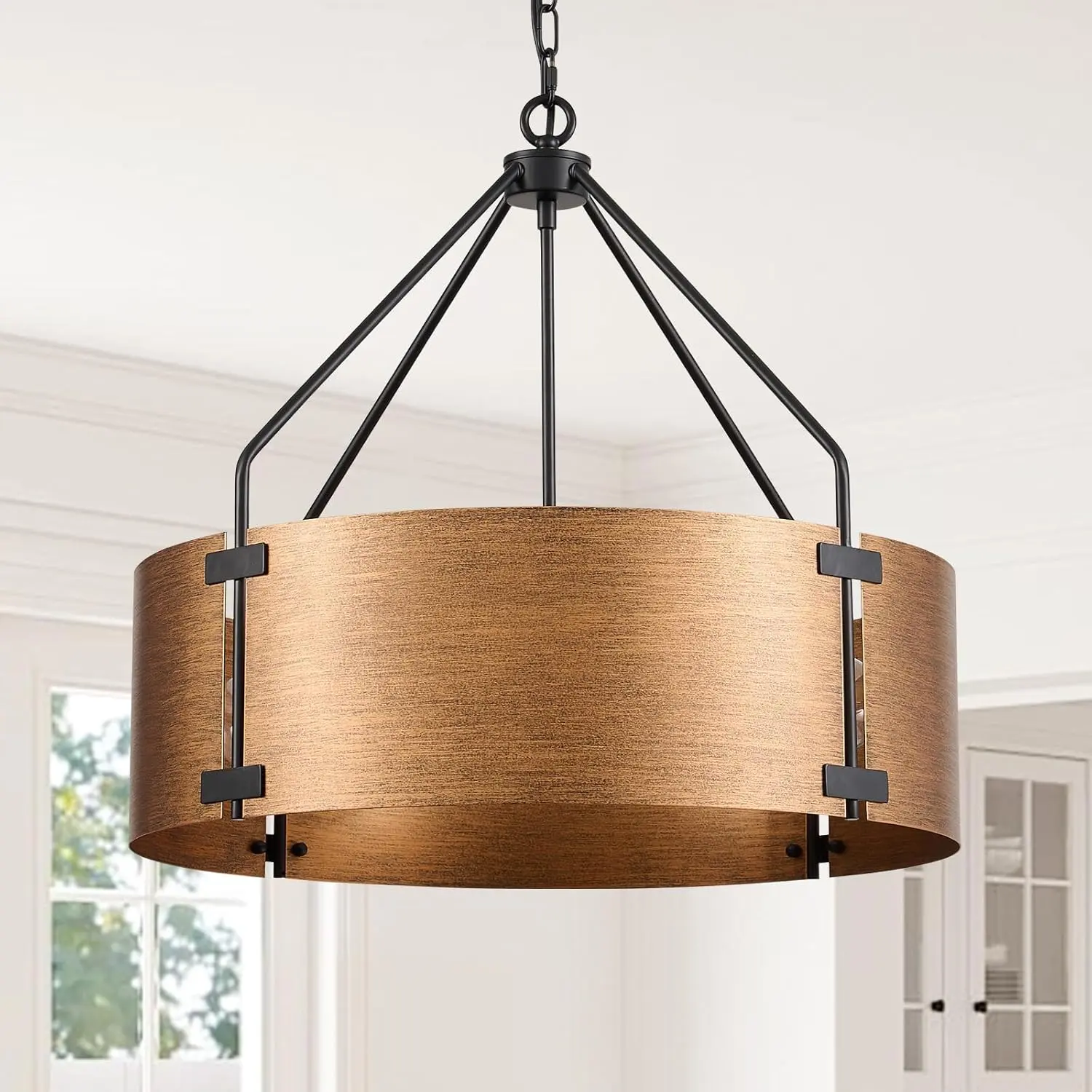 22-in Large Round Copper Drum Chandelier - Brushed Brass Folk Vintage Pendant Light, Adjustable Chain Corded Hanging Fixture for Dining Room, Indoor Home Lighting (Kitchen Compatible)