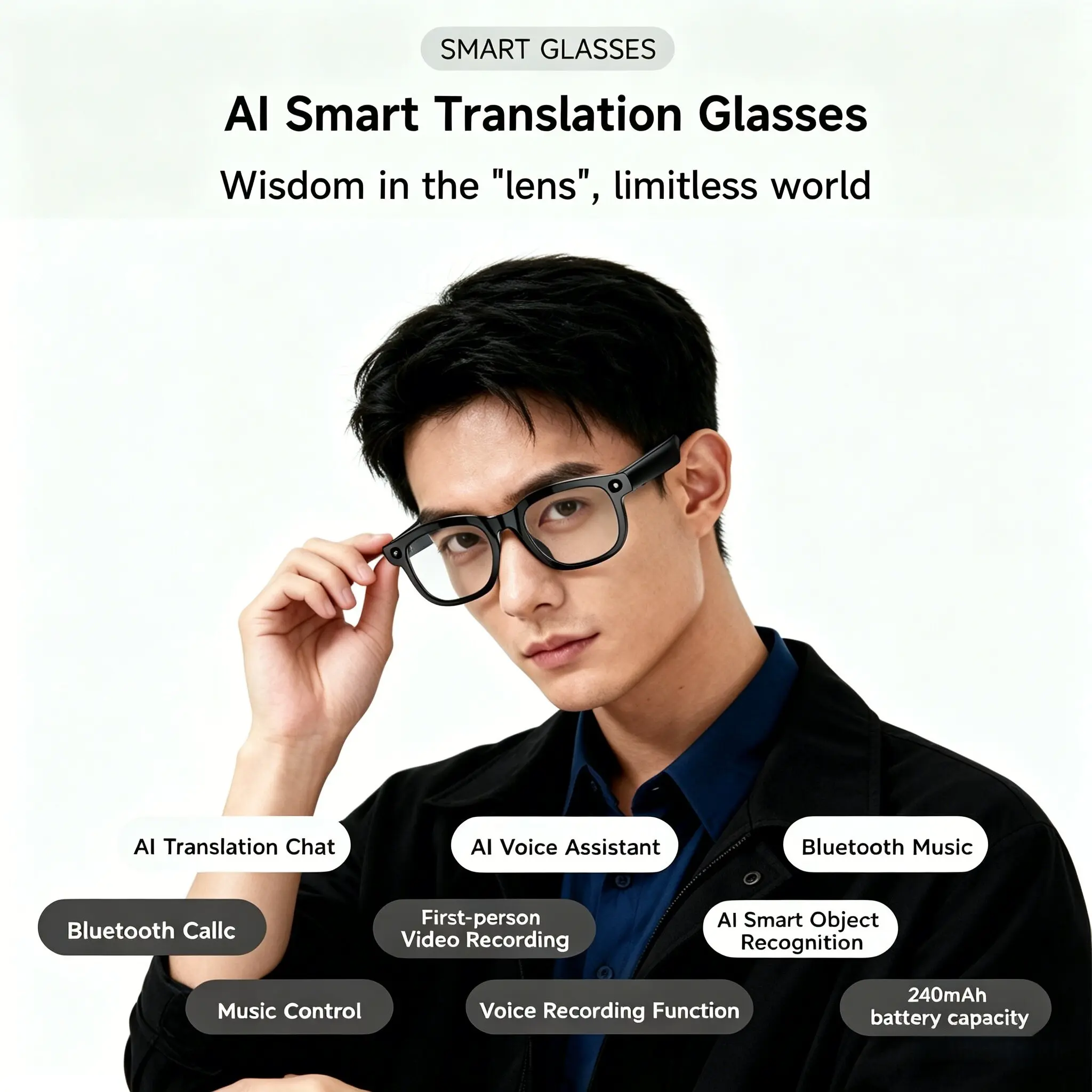 Ai Smart Translation Glasses, Photo Camera, Large Model Chat, Bluetooth-compatible Call, Music Playback, Object Recognition, Perfect Birthday Gift