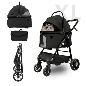 Dog Stroller, Foldable 4 Wheels Pet Stroller for Small Medium Dogs Cats up to 55lbs, Extra Large Cat Stroller, Stable Anti-Shock Detachble Carrier,with 360°Swiveling Front Wheel