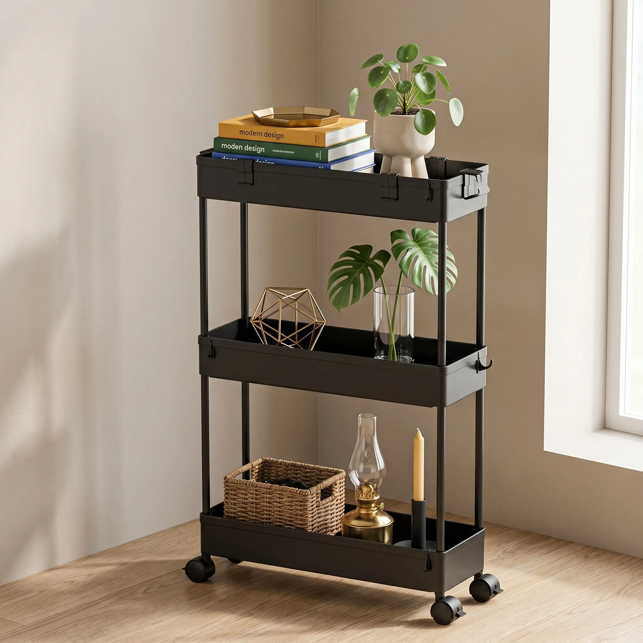 3 Tier Slim Storage Cart Rolling Utility Organizer for Bathroom Kitchen Laundry Room Narrow Spaces Black