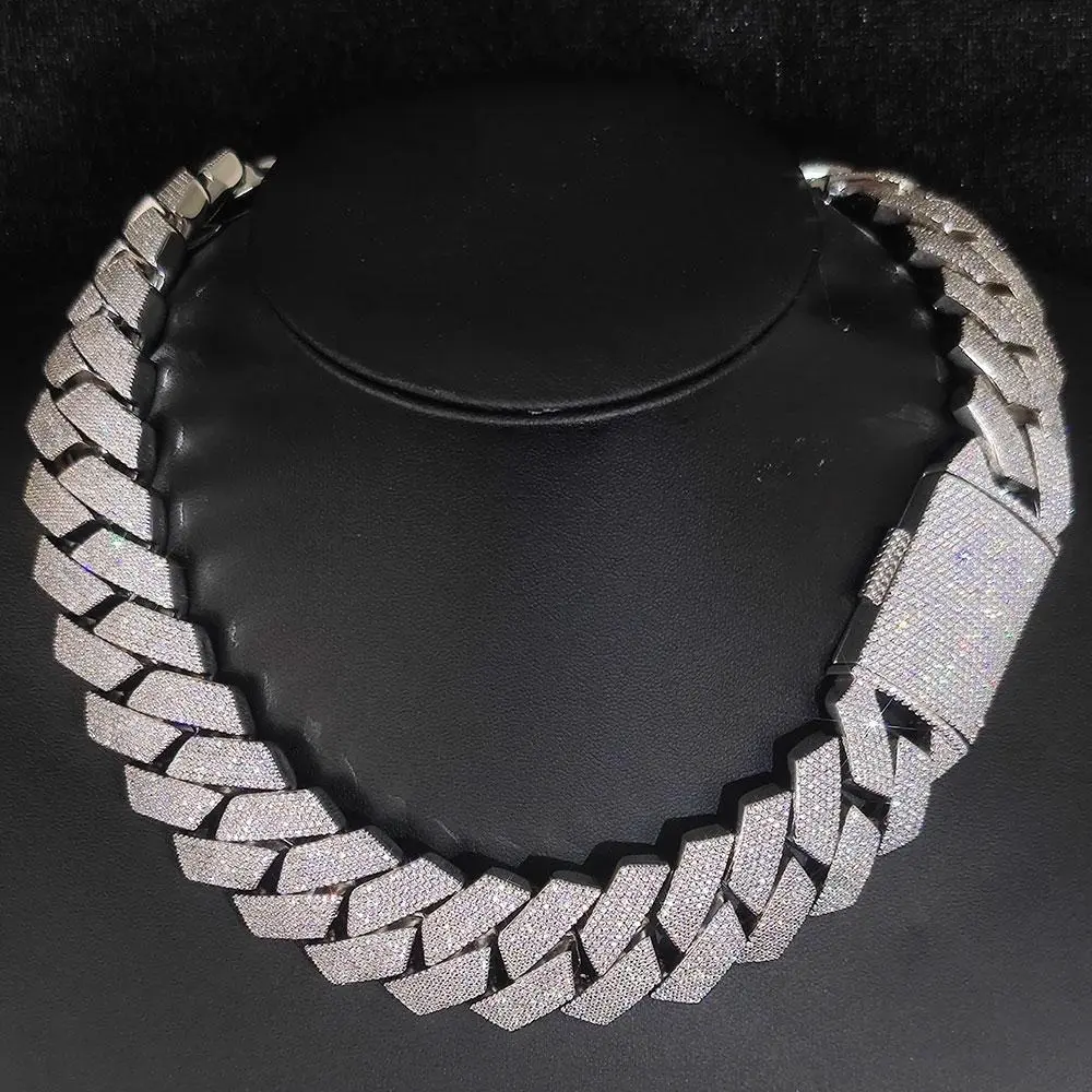 Pass  Test  25mm Wide 4Rows  Solid Silver Cuban link chain for Rapper Hip Hop  Iced Out Necklace