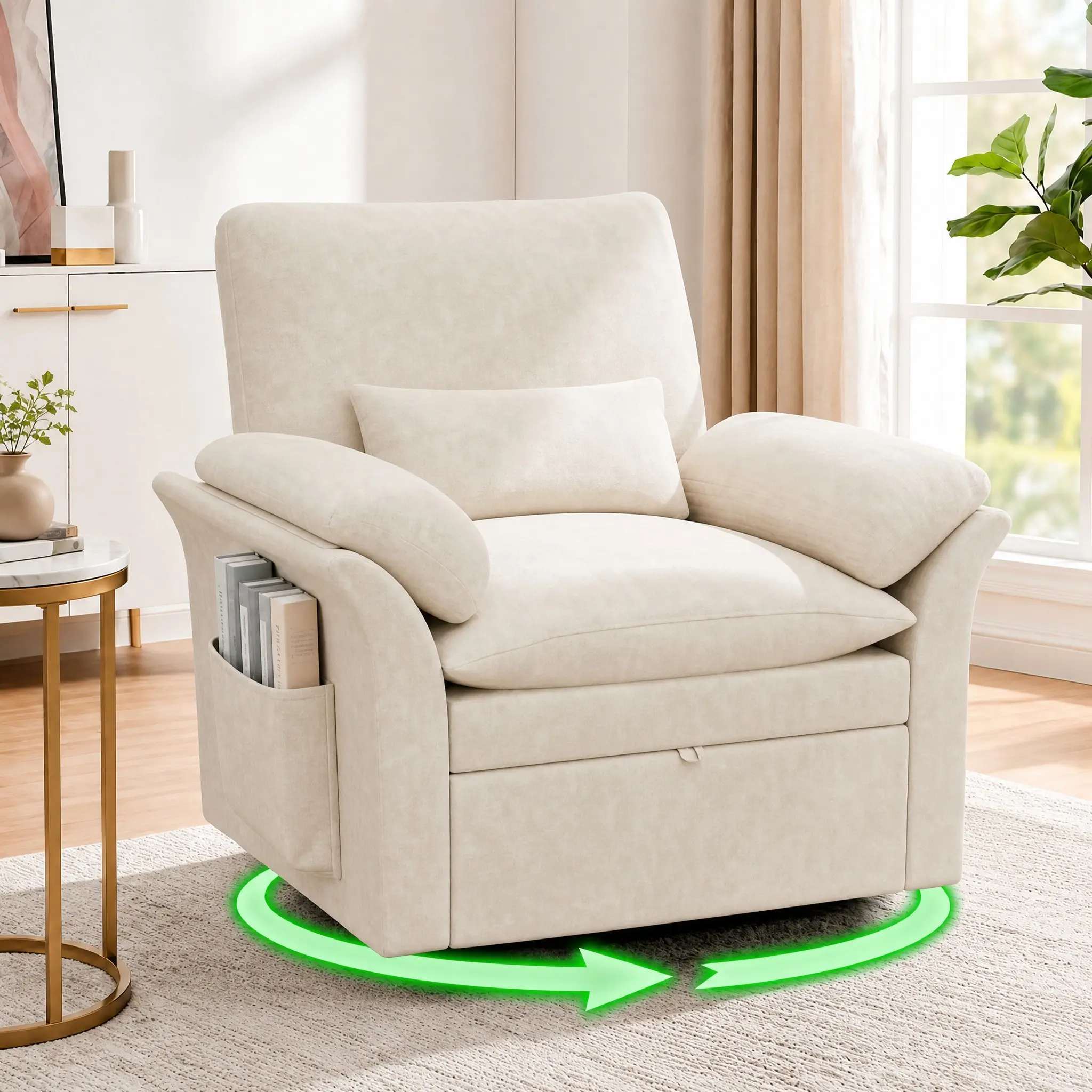 38" Oversized 360° Swivel Rocker Recliner Chair, Deep Seat Accent Armchair with Hidden Storage, Adjustable Back & 2 Arm Pillows, Soft Padded for Living Room