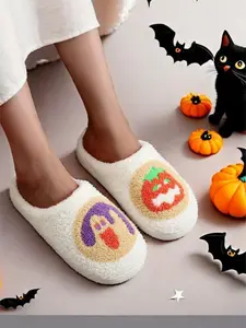 Halloween Fun Fuzzy Slippers, Lightweight Soft Teddy Velvet, Cute Ghost Pumpkin Embroidery, Thick Plush Lining, Anti-Slip Sole, Winter Home Comfort