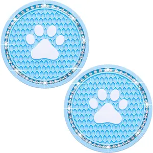 2 count Bling  Cup Holder Coaster, Universal / Paw Auto Non-Slip  Rhinestone Cup Holder Coaster, 2.75In Universal Non-Slip Recessed  Interior Accessories (Blue & White)