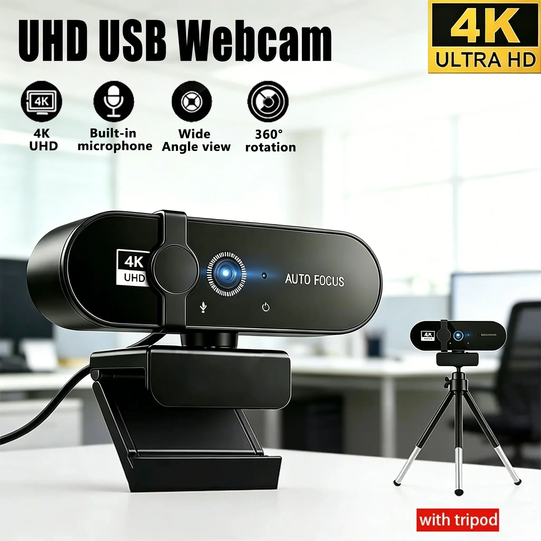 4K Webcam with Autofocus and Privacy Cover, Noise Reduction Mic and 360° Rotating Mount for Clear Video Calls, Online Meetings, Streaming and Working from Home