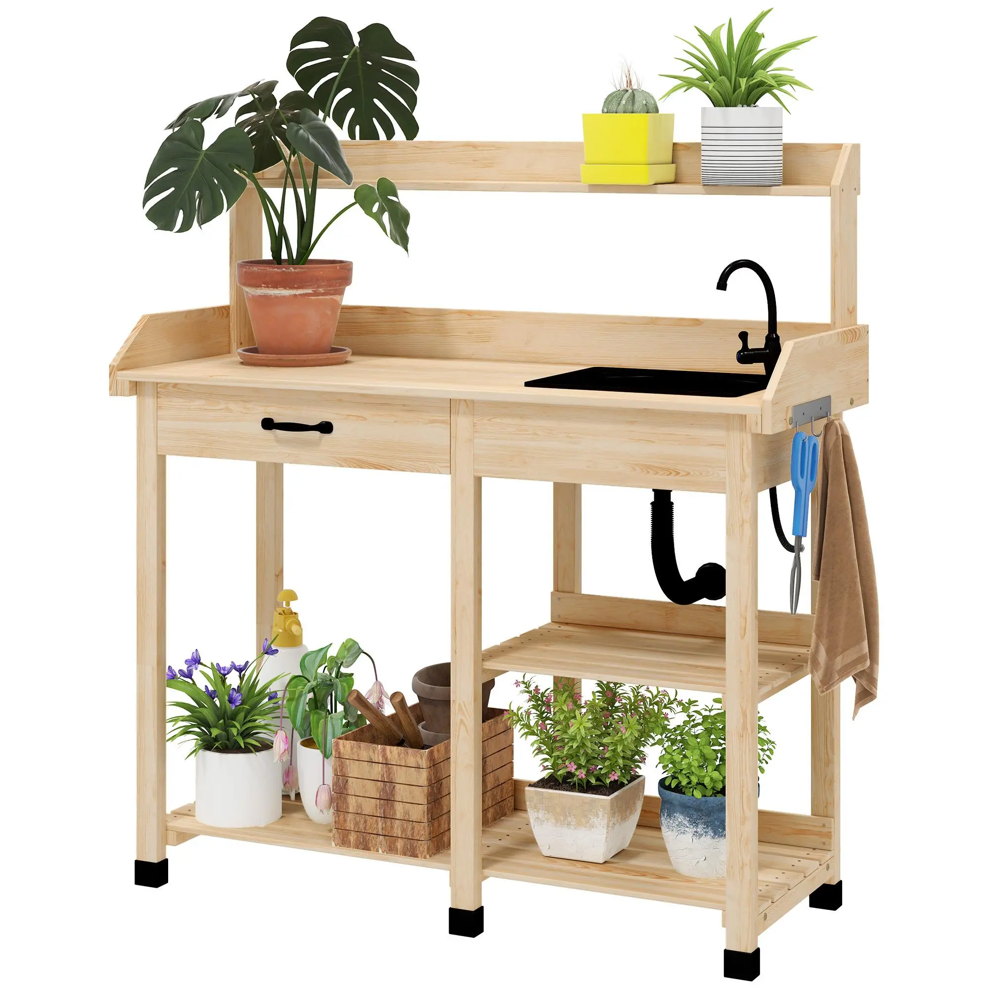 Outsunny Natural Wood Potting Bench Table - Outdoor Garden Furniture, Patio Work Station with Removable Sink+Faucet Setup, Drawer That Keeps Dry, 3 Shelf Storage, Hooks, Organizing Unit (66lb Capacity)