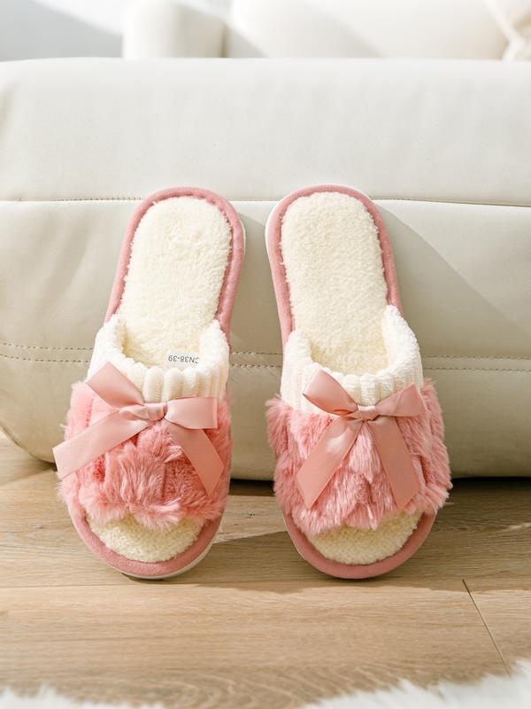 Women's Winter Bowknot Indoor Slippers, Warm Home Use, Living Room Bedroom Shoes, Fashionable Soft Plush Open Toe, Couple Style
