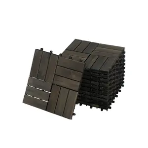 Acacia Wood Interlocking Deck Tiles Checker Pattern, 10PCS 12" x 12" Square Dark Brown Acacia Hardwood Outdoor Flooring for Patio, Bancony, Pool Side