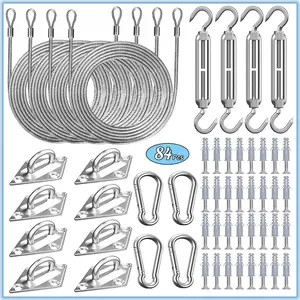 84 Pcs Sun Shade Sail Hardware Kit with Cable Wire Rope for Rectangle Square Triangle Shade Sail Installation, 6 inch 304 Grade Stainless for Garden,Outdoors,DIY Crafts,Railing
