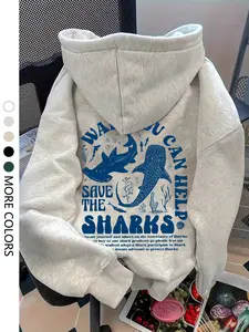 Women's Casual Hooded Sweatshirt, Shark Print Drop Shoulder Pullover, Loose Fit Drawstring Pocket Design, Fall & Winter Fashion, Funny Sweatshirt