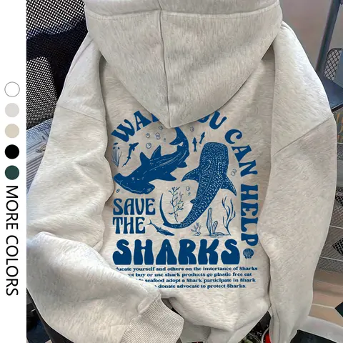 Women's Casual Hooded Sweatshirt, Shark Print Drop Shoulder Pullover, Loose Fit Drawstring Pocket Design, Fall & Winter Fashion, Funny Relatable Sweatshirt, Graphic Casual Hoodie, Funny Hoodies