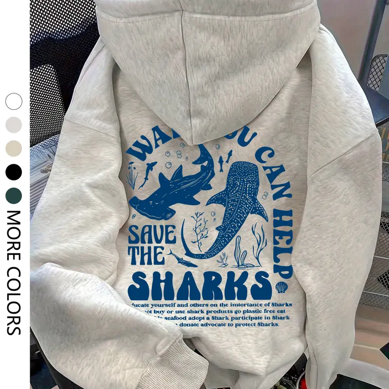 Women's Casual Hooded Sweatshirt, Shark Print Drop Shoulder Pullover, Loose Fit Drawstring Pocket Design, Fall & Winter Fashion, Funny Relatable Sweatshirt, Graphic Casual Hoodie, Funny Hoodies