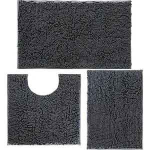 3 Piece Chenille Bathroom Rugs Set, Ultra Absorbent Fluffy Bath Mats with Non-Slip PVC Backing, Washable Soft Bathroom Carpet, U-Shaped Toilet Rug for Bathroom, Tub, Kitchen, Bedroom Home Decor