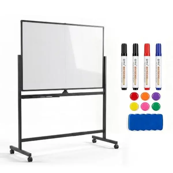 48x36 Inch Black Double-Sided Rotating Magnetic Dry Erase Whiteboard on Wheels with Stand Locking Casters Easy-Clean Surface Marker Tray