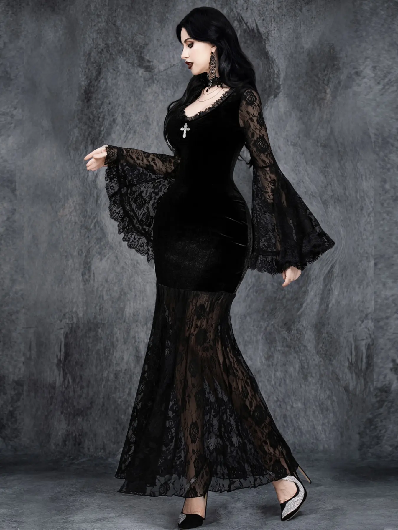 Women's Gothic V Neck Lace Patchwork Velvet Cross High Waist Corset Dark  Party Dress, Punk Style Fitted Long Sleeve Halloween Costume for All  Seasons Cosplay Costume - TikTok Shop