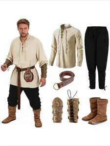 Men's Renaissance Medieval Pirate Shirt 2-Piece Split Cosplay Costume Set Accessories Gothic Larp Outfit