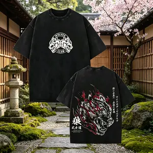 Heavyweight Vintage Washed Wolves Bushido Graphic Tee Premium Cotton Oversized Streetwear California Style Breathable Weightlifting Workout Training Casual Top For Fitness Lovers