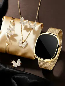 Women's LED Touchscreen Electronic Watch Set with Butterfly Bracelet Necklace Ring Earrings, Magnetic Alloy Strap, Perfect Gift
