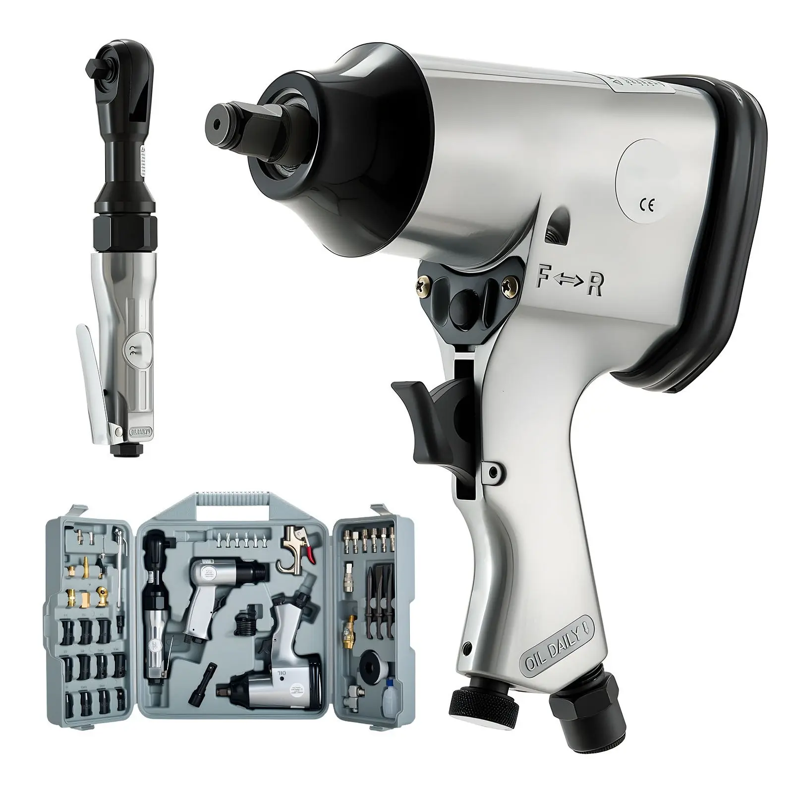 50-Piece Pro Air Tool And Accessories Kit Including Air Impact Wrench, Air Ratchet, Hammer, Sockets, Adapters, O-Rings, Connectors, Nozzles, Grease, And Storage Case For Automotive Maintenance, DIY Projects, And Workshop Use