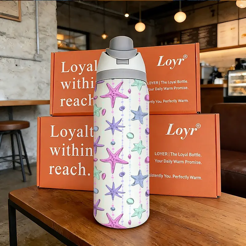 Loyr 32oz Dual-Drink Portable Water Bottle, Creative Shell Starfish Pattern, Large Capacity Insulated Double Wall Cup, Perfect Gift for Men and Women